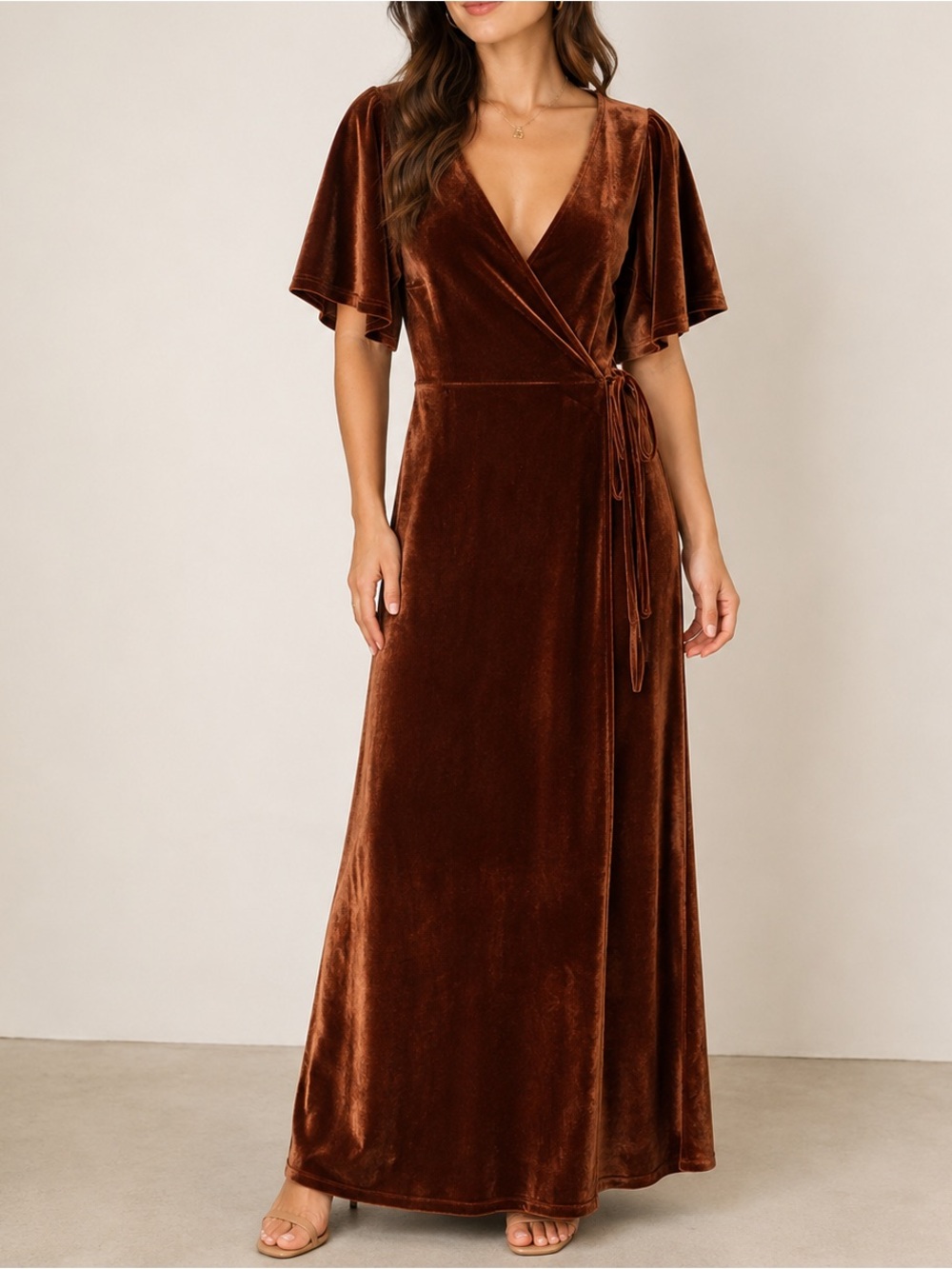 Baltic Born Meghan Velvet Rustic Brown Autumn Wedding Bridesmaid Wrap Maxi Dress